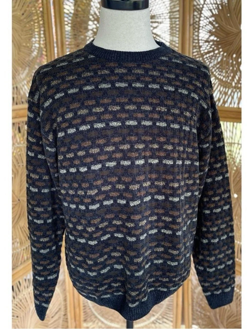 Knightsbridge 90s Soft Chenille Knit Black Grey Brown Checked Patterned Sweater